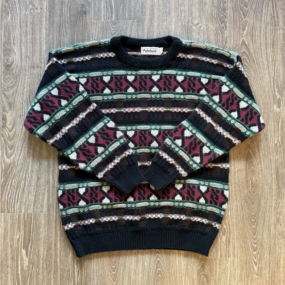 Vintage Palmland Men's Geometric Knit Sweater - Black, Green, Red